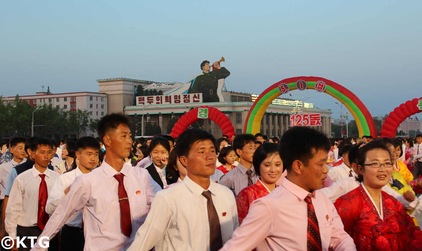 125 Anniversary of May Day (labour day) celebrated in Pyongyang, capital of the DPRK (North Korea). Tens of thousands gathered at Kim Il Sung Square to celebrate and have Mass Dances. Picture taken and tour arranged by KTG Travel.