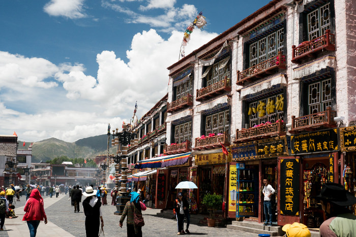 Shops and bazaars in Barkhor around Jokhang Temple in Lhasa Tibet, China.