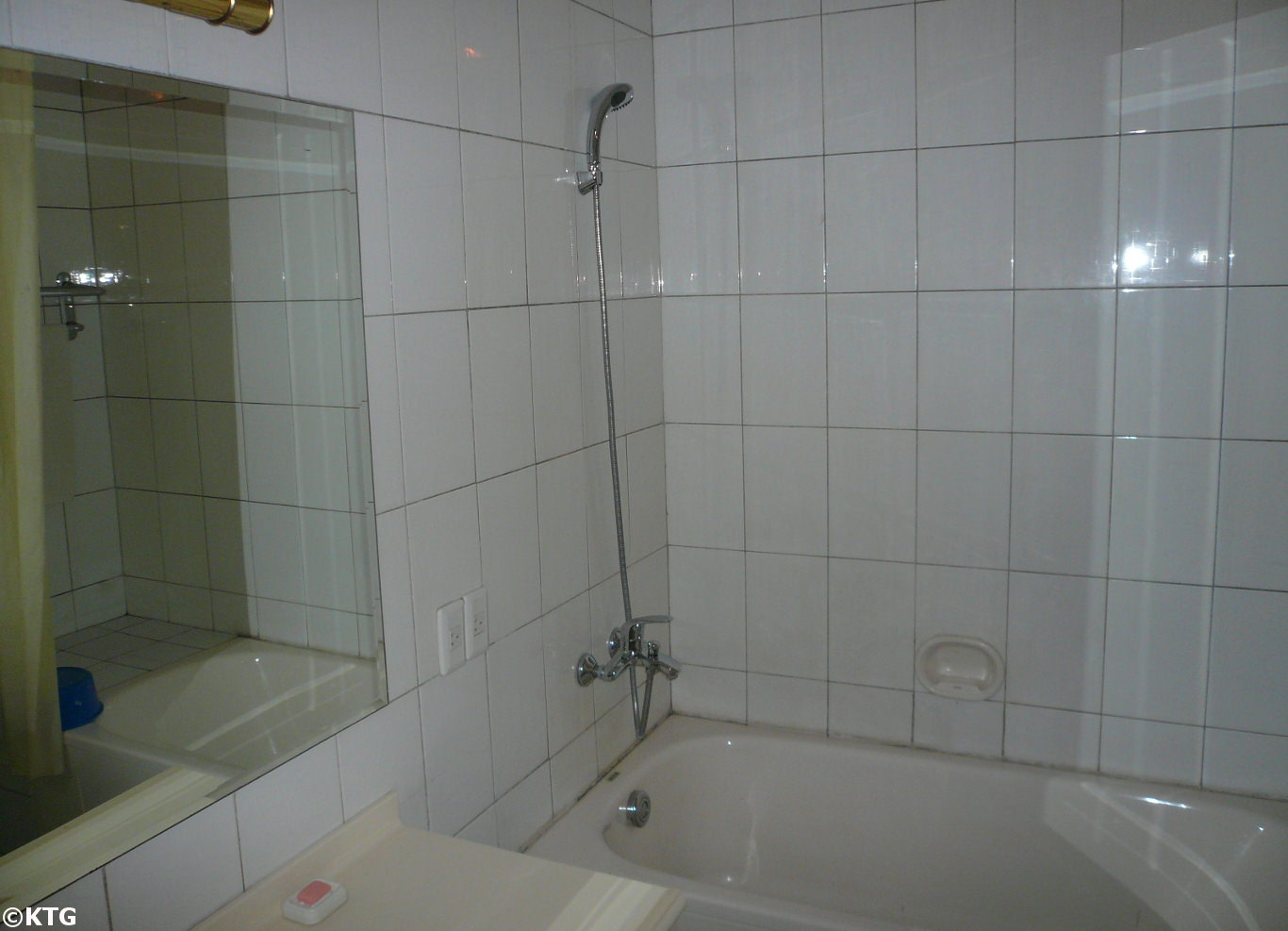 Bathroom in a standard room at the Songdowon Hotel in Wonsan city, Kangwon province, North Korea (DPRK). Trip arranged by KTG Tours