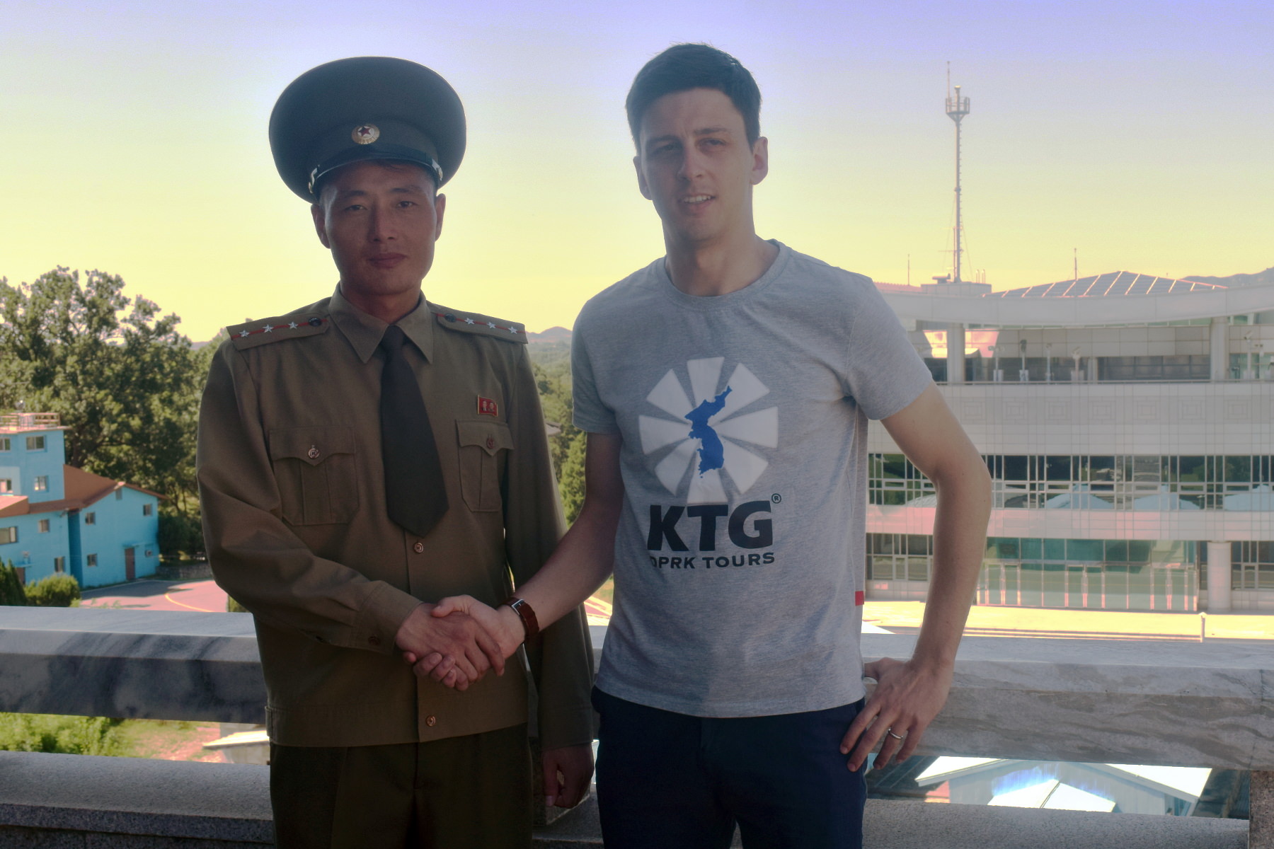 KTG tour leader with North Korean soldier at the DMZ or Panmunjom in North Korea, the DPRK
