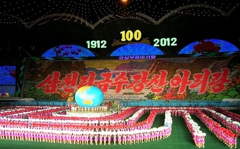 North Korean soldiers greet enthusiastically at a military parade in Pyongyang, DPRK