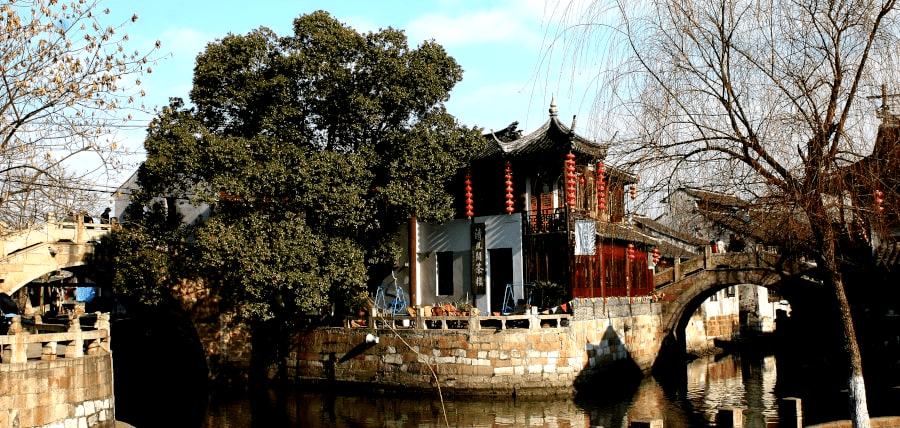 The Three Bridges stone bridge in Fengjing ancient town, a water town near Shanghai city in China