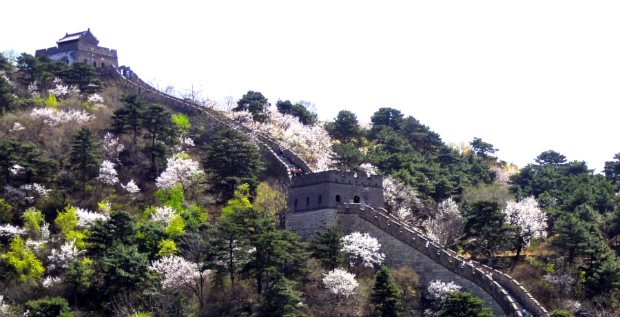 La Gran Muralla de Mutianyu parece un jardín en la cima de las montañas en primavera y en otoño. Beijing, Pekin, China