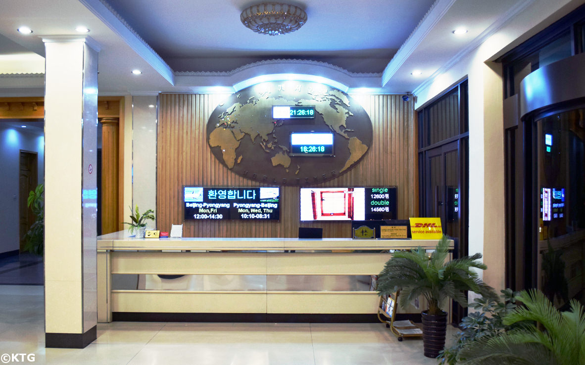 Haebangsan Hotel Lobby, Pyongyang capital of North Korea. You can see the DHL sign there at the front desk