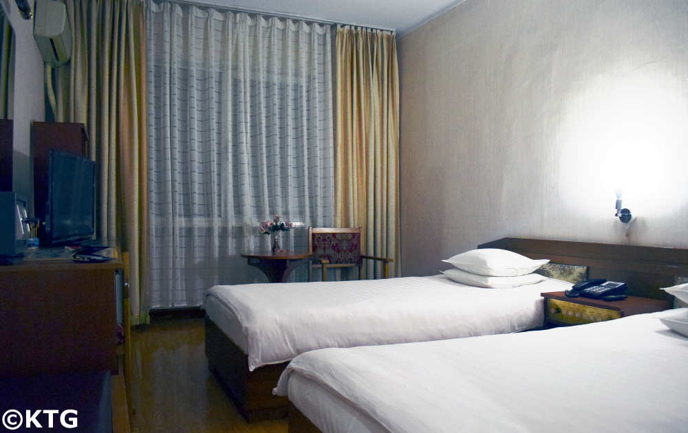 Haebangsan Hotel in Pyongyang. This is a picture of a standard room. The Haebangsan hotel is mainly used by Koreans and Chinese businessmen. It is a budget hotel in North Korea classified as a second class hotel