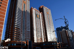 Building with atom symbols at Mirae scientists street in Pyongyang capital of North Korea. Picture taken by KTG Tours