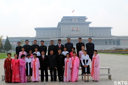 North Koreans taking a group picture at the Kumsusan Palace of the Sun in Pyongyang, North Korea, DPRK. Tour arranged by KTG