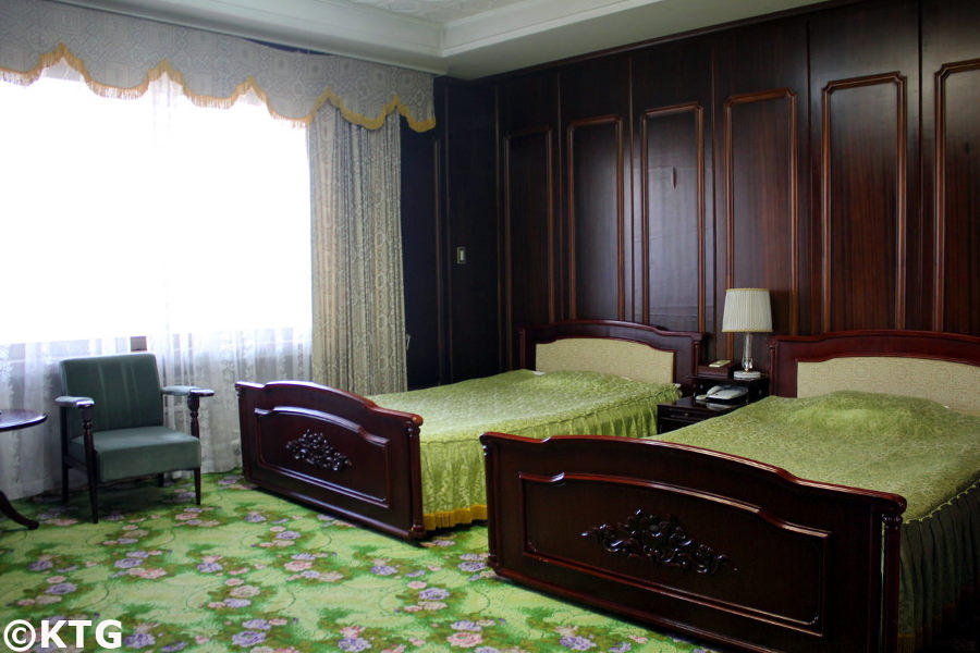 Room at the Nampo Ryonggang Hot Spa Hotel near Nampo city in North Korea, DPRK. You can see the the decoration is very retro. Picture taken by KTG Tours