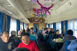 Train from Pyongyang in North Korea to China. This is the canteen carriage. Trip arranged by KTG Tours