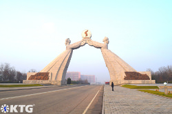 KTG traveller at the arch of reunification in Pyongyang capital of North Korea, DPRK