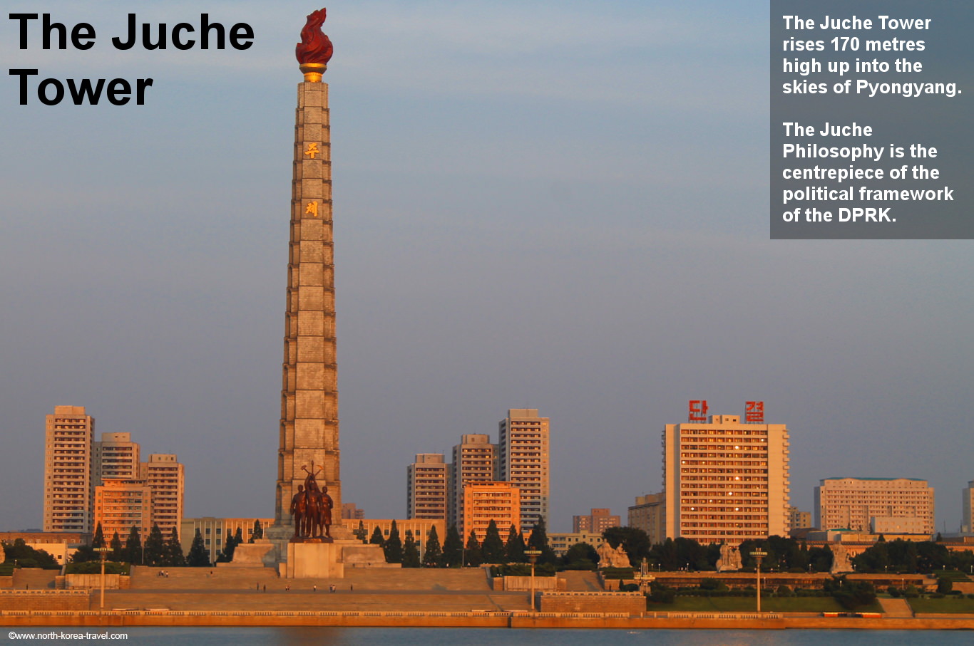 Juche Tower in Pyongyang across the Taedong River during sunset, North Korea