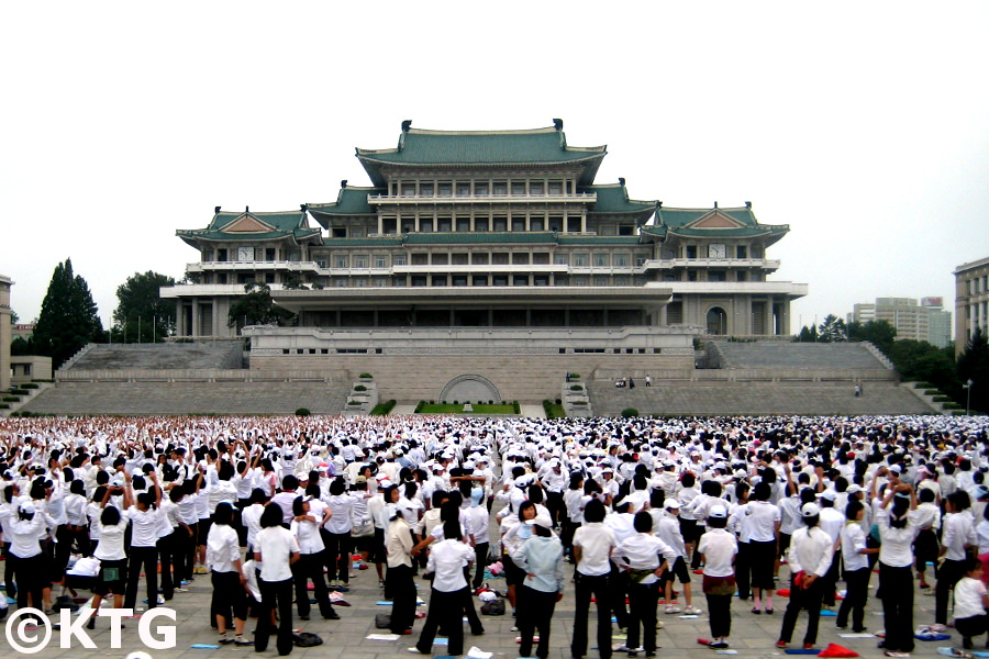 People practicing for a military parade at Kim Il Sung Square in North Korea, DPRK. Tour arranged by KTG