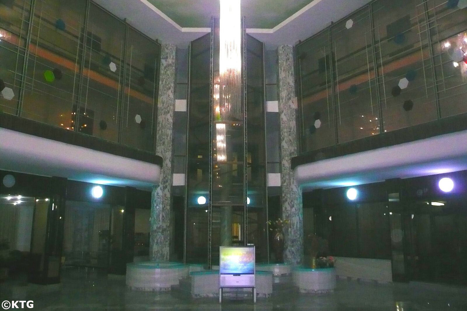 Lobby of the Dongmyong Hotel as spelled Tongmyong Hotel in Wonsan city, Kangwon province, North Korea (DPRK). Trip arranged by KTG Tours