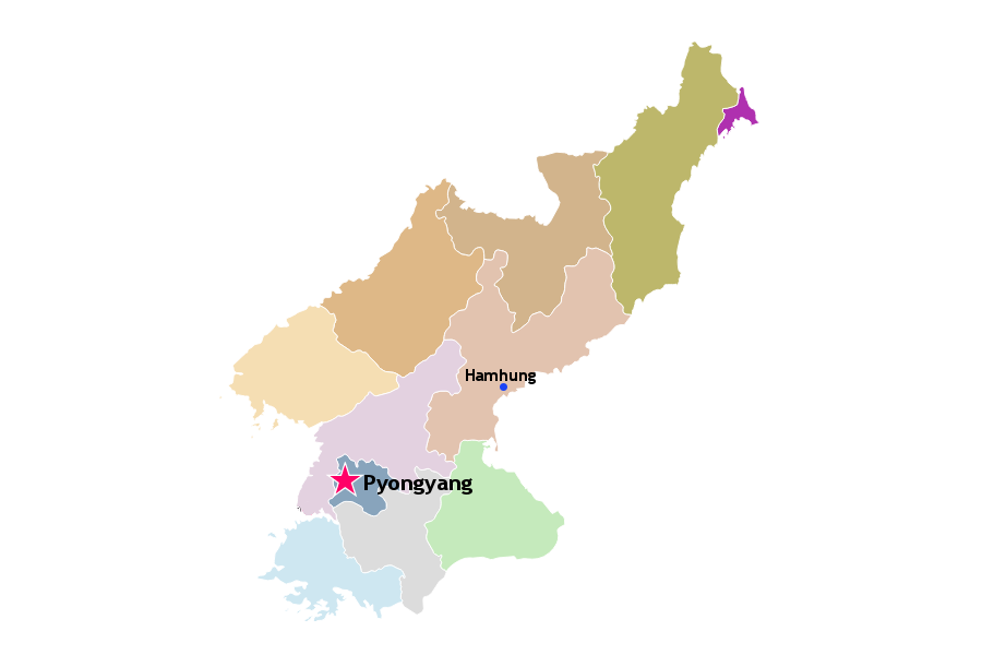 Ubicación de Hamhung, provincial capital provincial de Hamgyong del Sur en Corea del Norte, RPDC. Vea el mapa de Corea del Norte interactivo de KTG