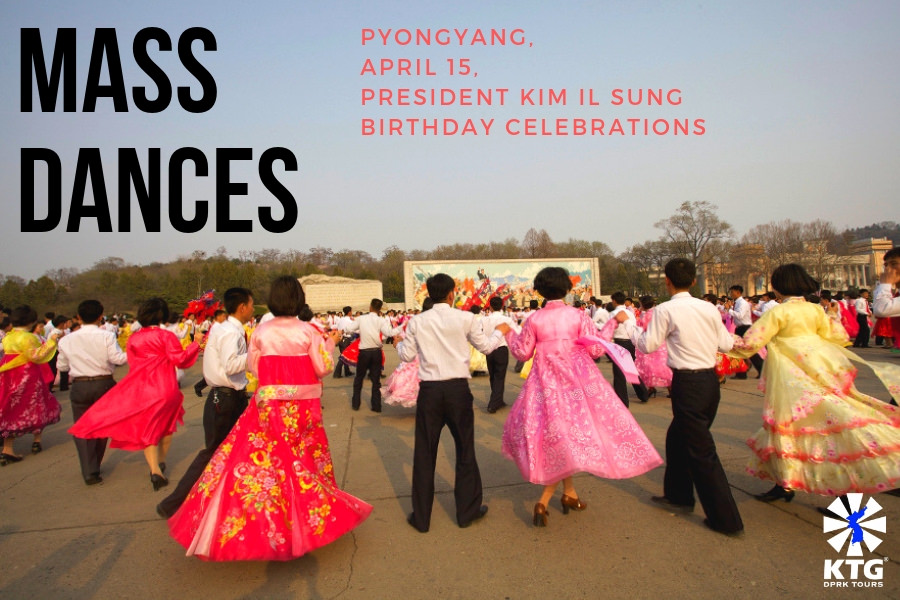 Mass dances in Pyongyang capital of North Korea by Kim Il Sung stadium on the birthday of President Kim Il Sung