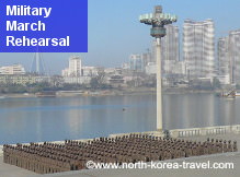 Female soldiers rehearse for a military march in November by the Taedong River in Pyongyang, North Korea (DPRK)