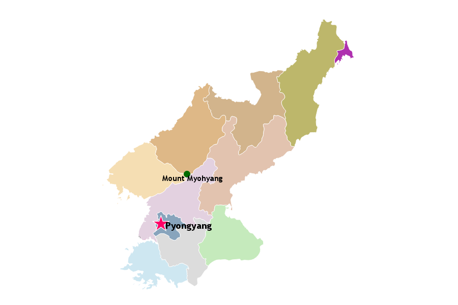 Mapa mostrando dónde se encuentra el Hotel Chongchon en el Monte Myohyang en Corea del Norte. Está ubicado en la provincia del Norte de Pyongan. Descúbralo con KTG