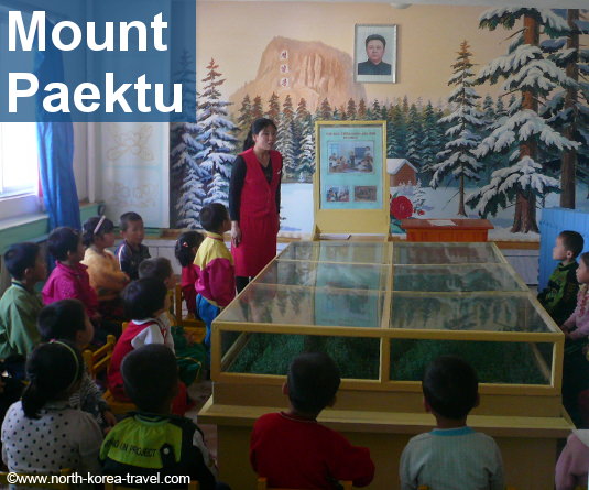 Image of Kim Jong Il's native house in Mount Paektu (Paekdu) taken in a kindergarten near Nampo