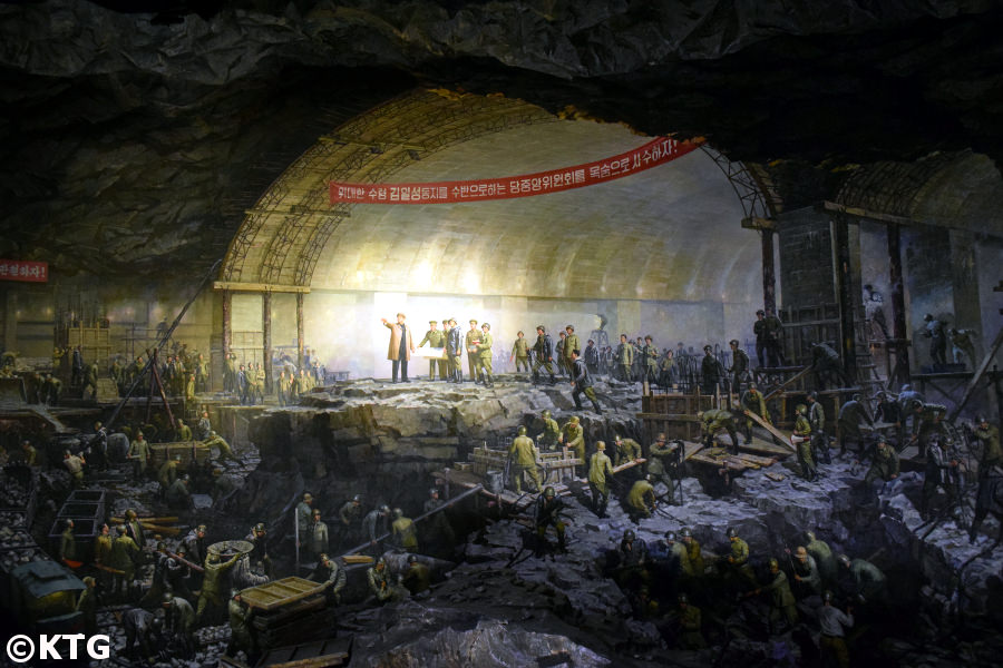 Mural inside the Pyongyang Metro Museum showing President Kim Il Sung during the construction of the Pyongyang Metro in the capital of North Korea, DPRK. Unfortunately there are just a few places inside the museum where are allowed to take pictures.