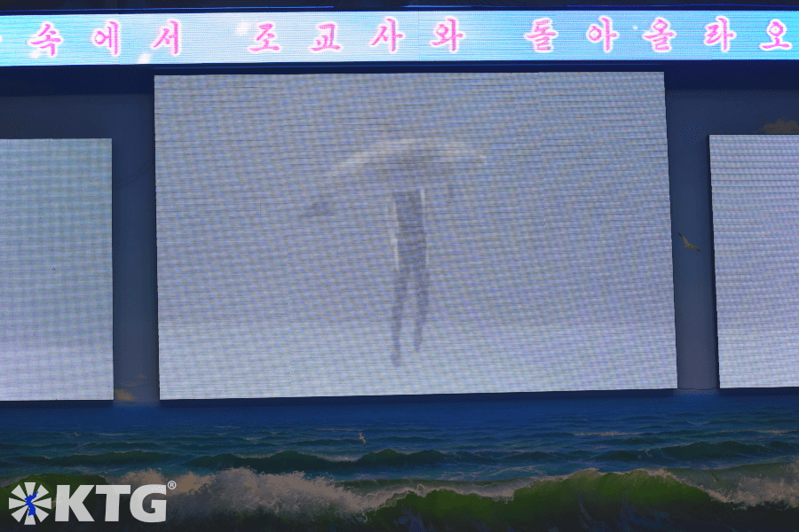LED screen at the Rungna dolphinarium in Pyongyang, North Korea, showing a dolphine under water. DPRK trip arranged by KTG Tours.