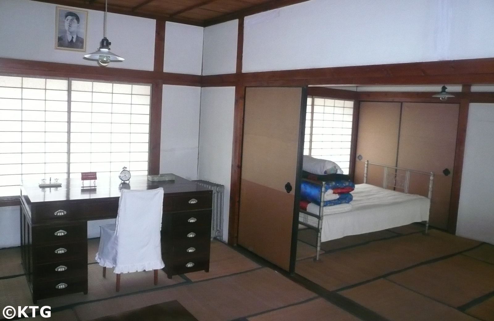 Inside the replica of the Tongyang guesthouse at the train station revolutionary site in Wonsan, DPRK. Office where Kim Il Sung stayed. Picture taken by KTG Tours