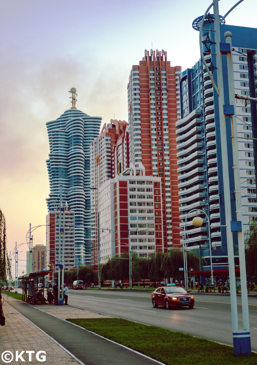 Unha tower in Mirae Future Scientists street, Pyongyang capital of North Korea. This futuristic atom-shaped building is 150 metres high and has 53 storys.