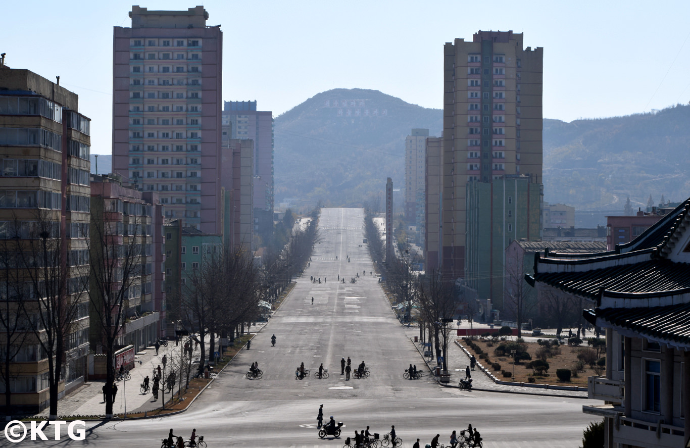 Views of the main street of Kaesong from Janam Hill, North Korea (Democratic People's Republic of Korea). Tour arranged by KTG Travel