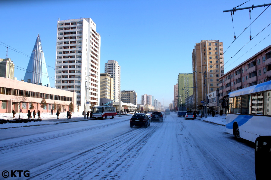 Driving in Pyongyang in the winter. Picture taken by KTG Tours