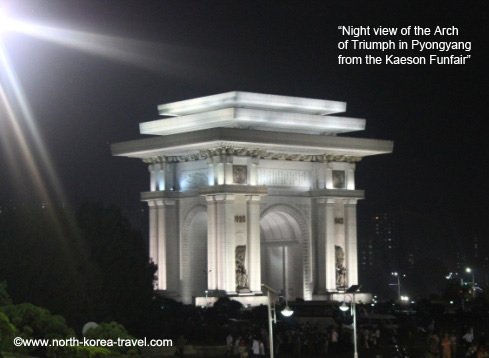Arch of triumph in North Korea seen at nightime