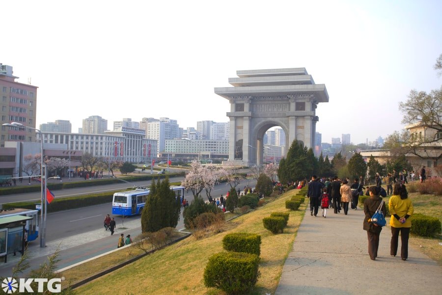 Views of the Arch of Triumph in Pyongyang from Moran hill i.e. Moranbong park in Pyongyang capital of North Korea. This historical north korean park is close to Kim Il Sung Stadium, the Arch of Triumph, Kaeson evening funfair, etc. This is the most important holiday in North Korea. Picture taken by KTG Tours experts in DPRK North Korea tours.