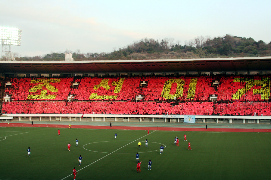 Football match in Pyongyang at Kim Il Sung Stadium. DPRK vs Japan in a 2014 World Cup Qualifier game. North Korea won 1-0. Trip arranged by KTG Tours