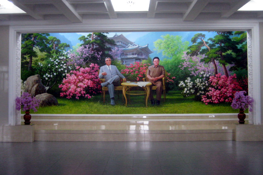 Portrait of DPRK leaders President Kim Il Sung and Chairman Kim Jong Il at the lobby of the Chongchon hotel in Myohyangsan, North Korea, DPRK. Tour with KTG