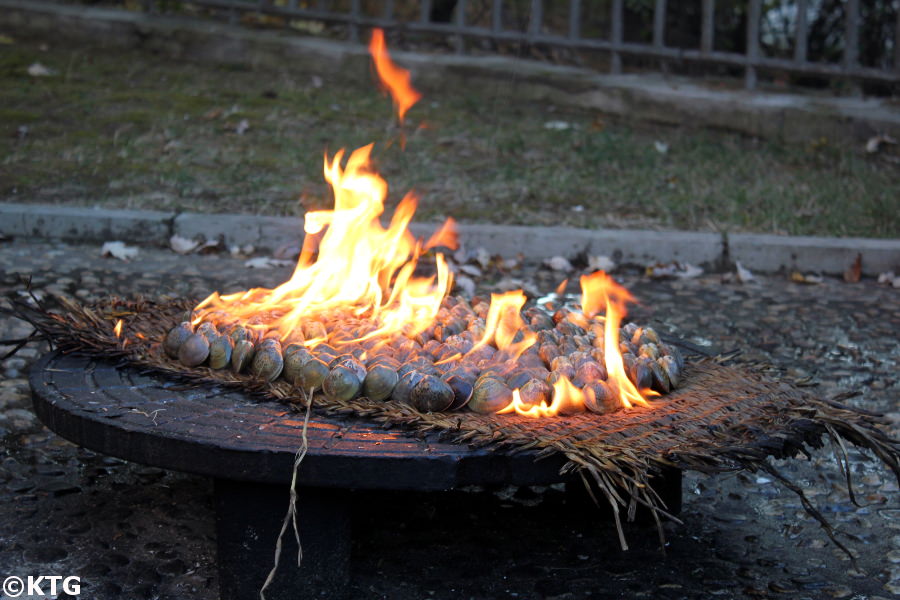 Barbacoa de almejas en el hotel balneario de Ryonggang en el condado de Onchon, cerca de la ciudad de Nampo, Corea del Norte (RPDC). Foto sacada por viajes KTG