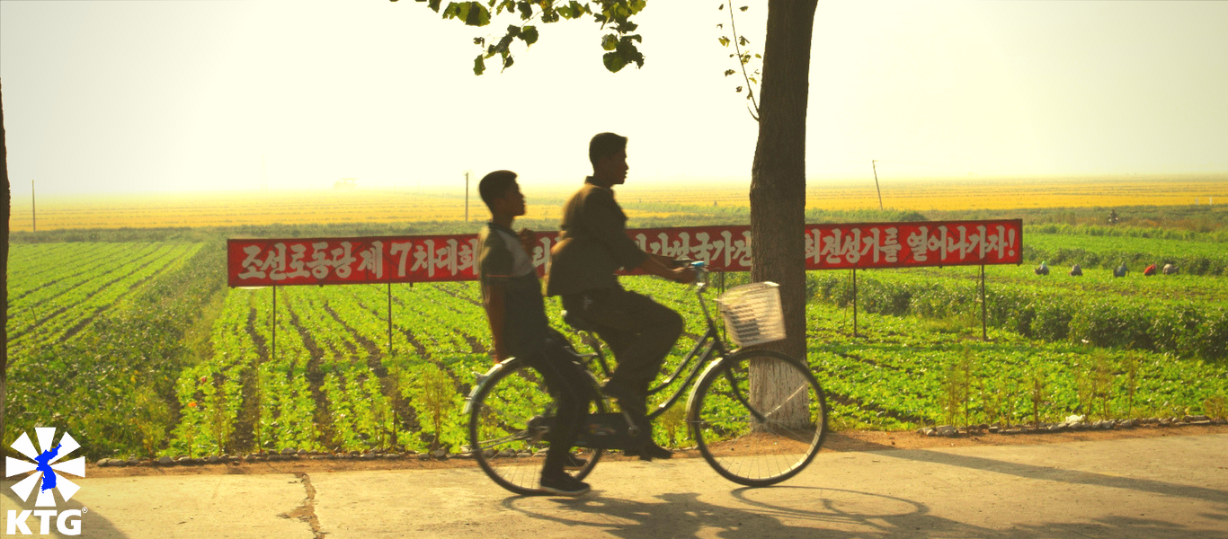 Farmers in North Korea cycling by the fields. This is Migok farm in Sariwon. Visit the DPRK with KTG!