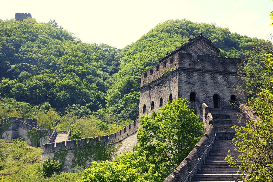 The Great Wall in Dandong, China, runs up steep and offers amazing views of North Korea, DPRK. Trip arranged by KTG Tours