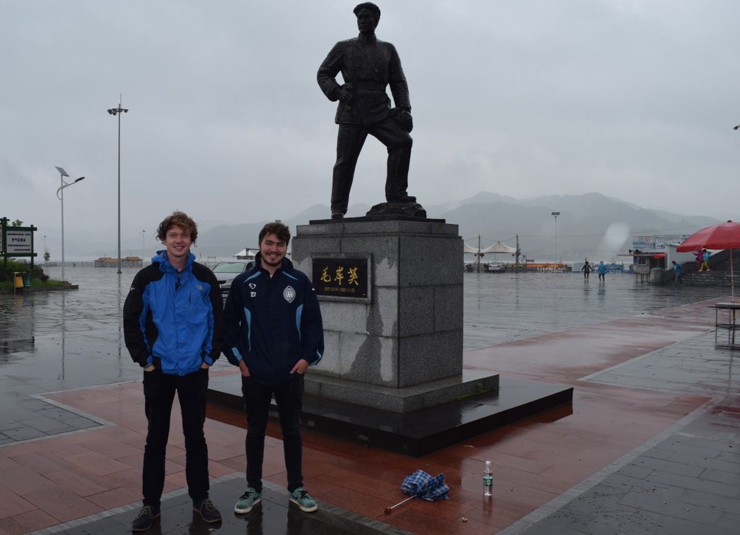 KTG tour leader Tim and traveller Zac at Hekou Village across from North Korea (DPRK)