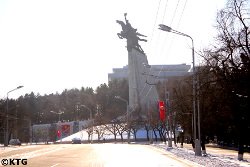 Statue de Chollima à Pyongyang, Corée du Nord. Il représente la reconstruction rapide de la RPDC après la guerre de Corée.