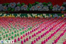Ladies at a dance performance during the Mass Games in North Korea, DPRK