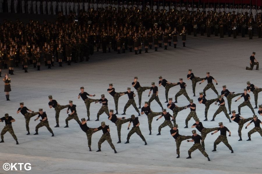 Taekwondo show at the Mass Games in August in Pyongyang capital city of North Korea. Tour arranged by KTG Tours