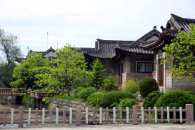 Traditional courtyards in the Minsok folk hotel in Kaesong city, North Korea (DPRK). Trip arranged by KTG Tours