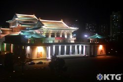 The Pyongyang Grand Theatre seen from the Pyongyang hotel at night, North Korea (DPRK)