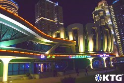 Lotus building at night in Ryomyong street in Pyongyang capital city of North Korea. Picture taken by KTG Tours