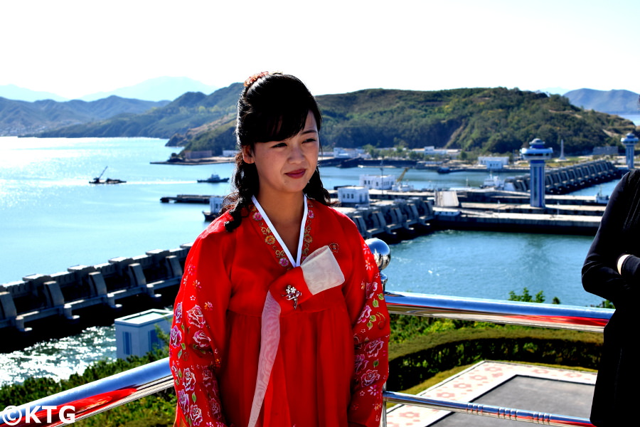 Local North Korean guide at the West Sea Barrage, Nampo city, North Korea, DPRK. Trip arranged by KTG Tours