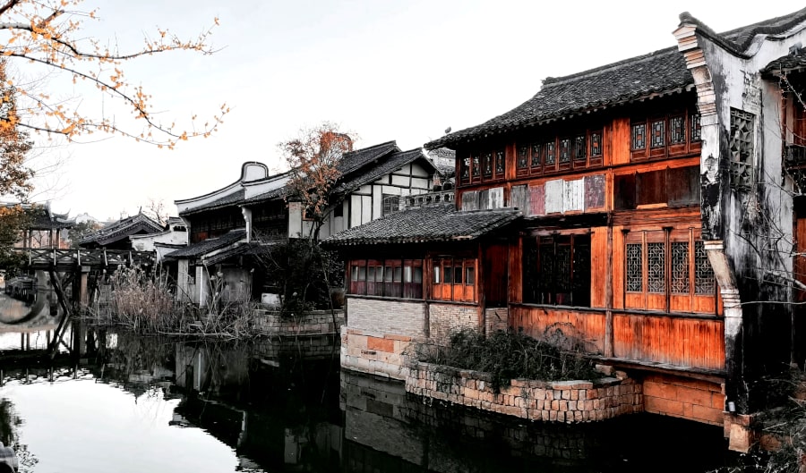 Old houses in the ancient canal town of Xitang in Zhejiang province in southern China and near the city of Shanghai