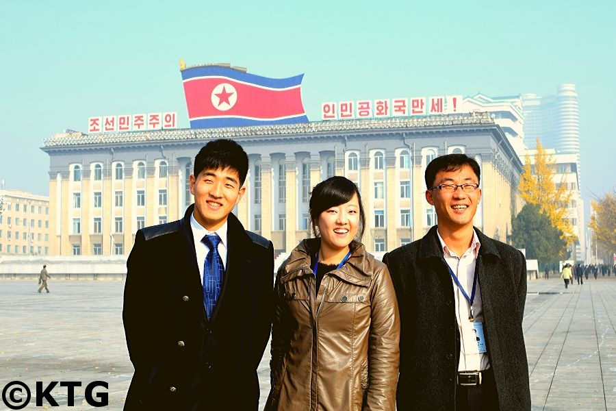 Korean guides at Kim Il Sung Square, the heart of Pyongyang, capital of North Korea (DPRK). Picture taken by KTG Tours