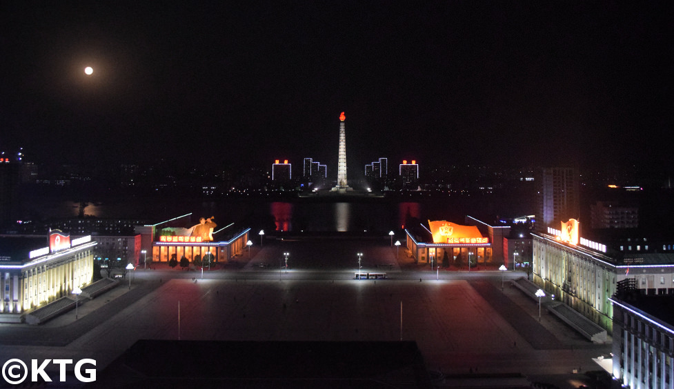 Kim Il Sung Square at night seen from the Grand People's Study House, Pyongyang North Korea (DPRK)