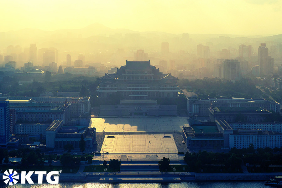 Views of Kim Il Sung Square and of part of Pyongyang capital of North Korea, DPRK, from the Juche tower. Picture property of KTG Tours