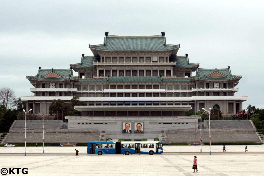 Bus by Kim Il Sung Square, capital of North Korea . Trip arranged by KTG Tours