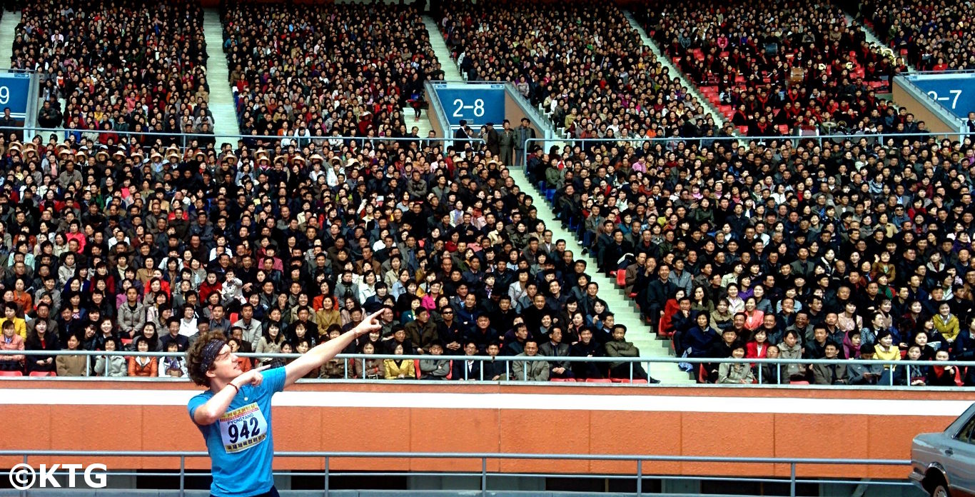 KTG rep at the Pyongyang Marathon posing as Ussain Bolt