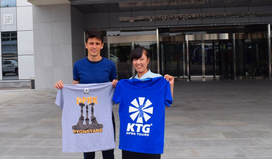 ktg staff member with local North Korean guide Kim Jong Hwa at the Yanggakdo Hotel in Pyongyang, North Korea, DPRK